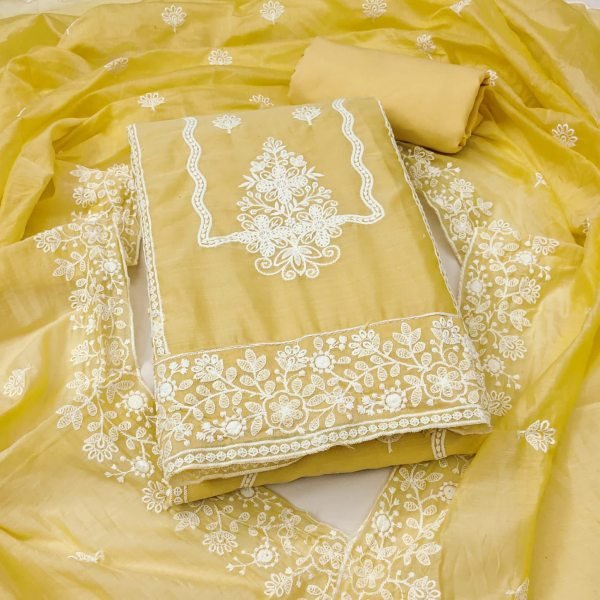 Sunlit Yellow heavy chanderi embroidery Suit with Dupatta at Manufacturer Rate Color Set Matching Dress Material Wholesale