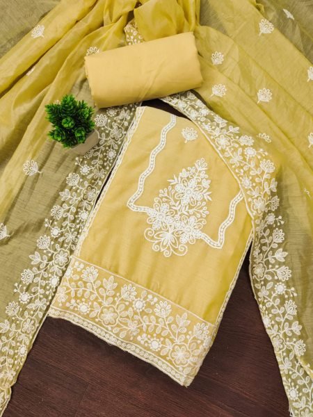 Sunlit Yellow heavy chanderi embroidery Suit with Dupatta at Manufacturer Rate Color Set Matching Dress Material Wholesale