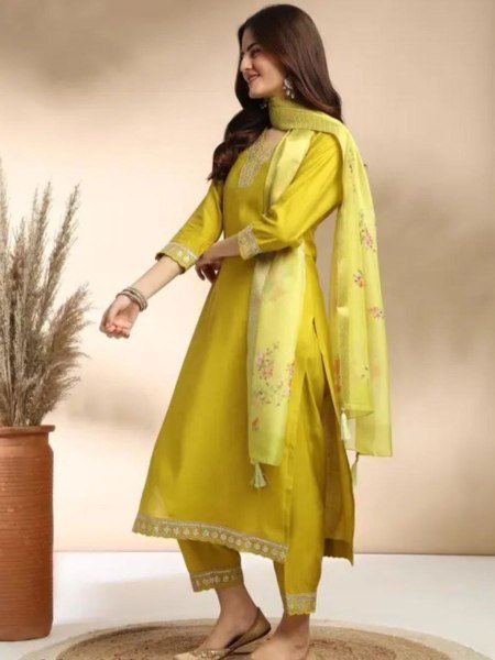 sunny yellow cotton kurti set with sequin work and soft dupatta festive chic look 3 Piece Kurti Set