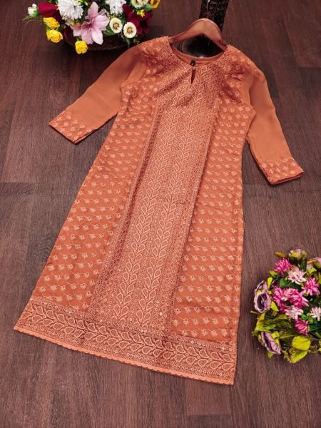 Sunset Orange Chikankari Kurti Sequins & Soft Georgette Grace Georgette Kurti 