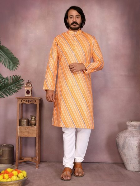 Sunset Orange Cotton Sequin Kurta Set For Haldi Ceremony at low Price Mens Wear