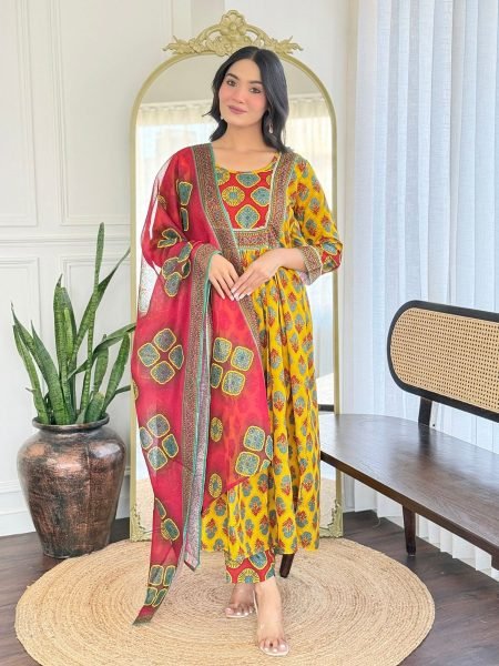 Sunshine Grace Yellow Embroidered Rayon Kurti Set with Linen Dupatta 3 Piece Kurti Set