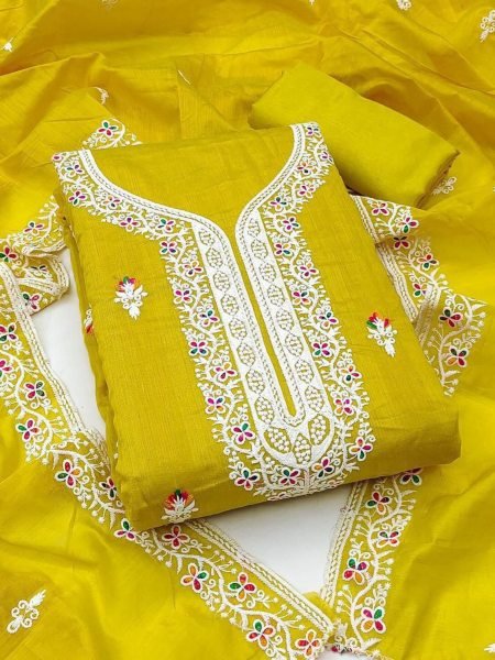 Sunshine Yellow Chanderi Dress Material with Dupatta & Santoon Bottom Dress Material 