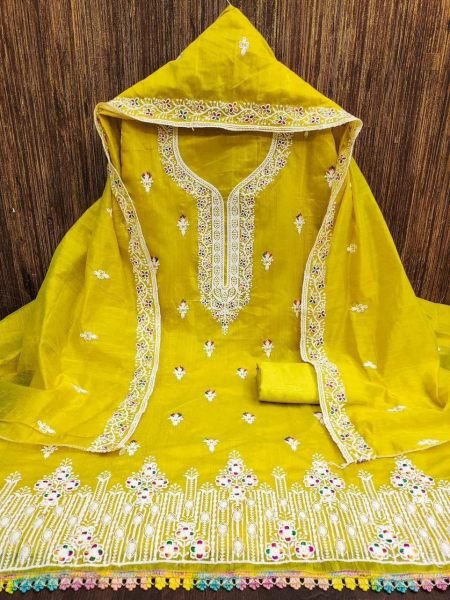 Sunshine Yellow Chanderi Dress Material with Dupatta & Santoon Bottom Color Set Matching Dress Material Wholesale