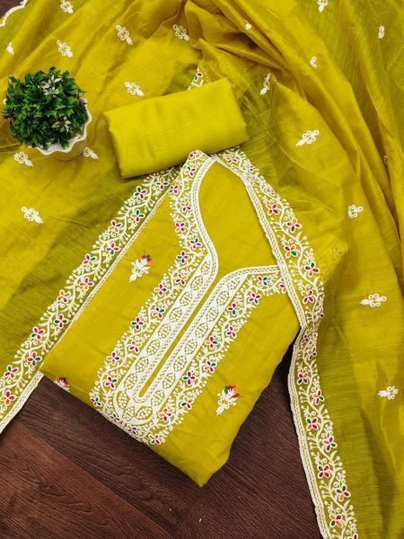 Sunshine Yellow Chanderi Dress Material with Dupatta & Santoon Bottom Color Set Matching Dress Material Wholesale