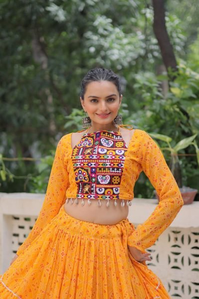 Sunshine Yellow Faux Georgette Lehenga and  Kutchi Work Blouse Lightweight Navratri Outfit Navratri Collection