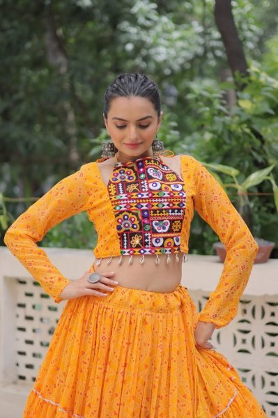 Sunshine Yellow Faux Georgette Lehenga and  Kutchi Work Blouse Lightweight Navratri Outfit Navratri Collection