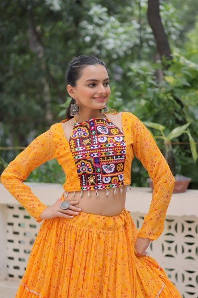 Sunshine Yellow Faux Georgette Lehenga and  Kutchi Work Blouse Lightweight Navratri Outfit Navratri Collection