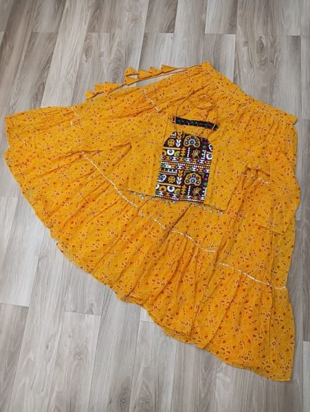 Sunshine Yellow Faux Georgette Lehenga and  Kutchi Work Blouse Lightweight Navratri Outfit Navratri Collection