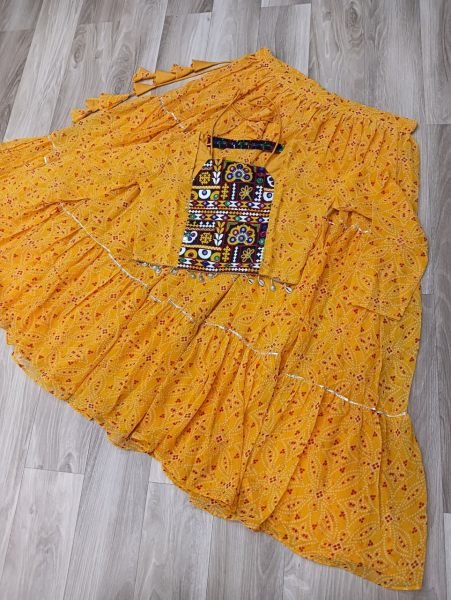 Sunshine Yellow Faux Georgette Lehenga and  Kutchi Work Blouse Lightweight Navratri Outfit Navratri Collection