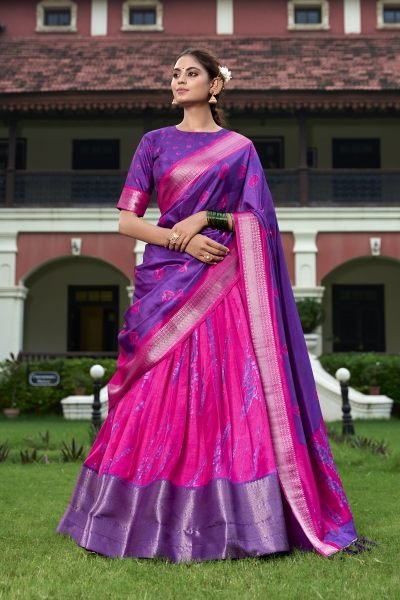  Super Pink Color Printed Zari Dola Silk South Indian Voni Lehenga Set Half Saree Lehenga