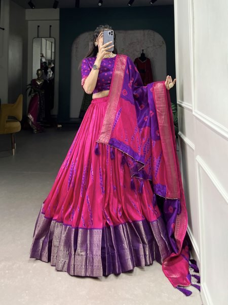 Super Pink Color Printed Zari Dola Silk South Indian Voni Lehenga Set Half Saree Lehenga