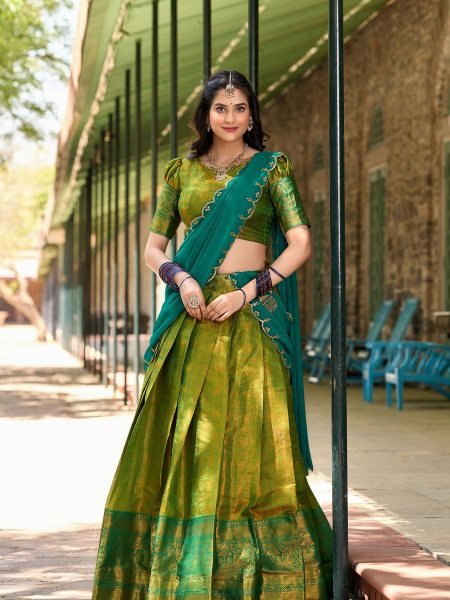 New Launching Parrot Green Kanjivaram Silk Saree Lehenga Choli with Zari Weaving   Embroidered Dupatta  