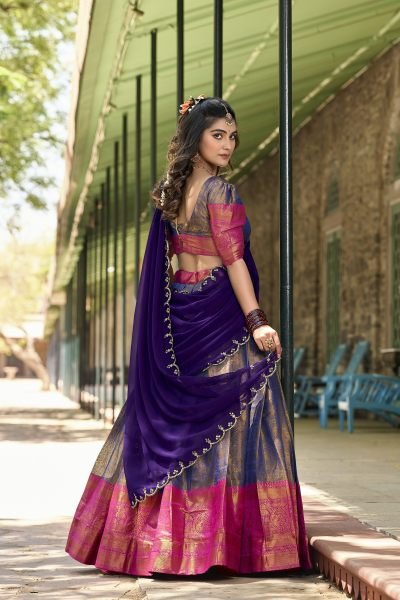 Superb Dusty Blue Kanjivaram Silk Saree Lehenga Choli with Zari Weaving   Embroidered Dupatta  Half Saree Lehenga