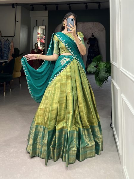 New Launching Parrot Green Kanjivaram Silk Saree Lehenga Choli with Zari Weaving   Embroidered Dupatta  Half Saree Lehenga