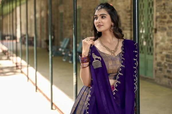 Superb Dusty Blue Kanjivaram Silk Saree Lehenga Choli with Zari Weaving   Embroidered Dupatta  Half Saree Lehenga