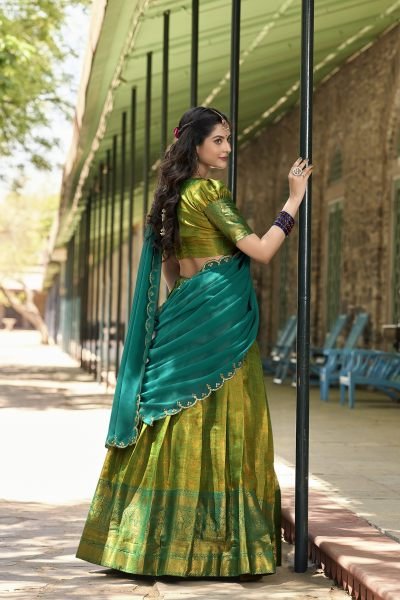 New Launching Parrot Green Kanjivaram Silk Saree Lehenga Choli with Zari Weaving   Embroidered Dupatta  Half Saree Lehenga