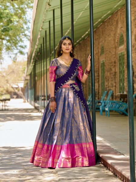Superb Dusty Blue Kanjivaram Silk Saree Lehenga Choli with Zari Weaving   Embroidered Dupatta  Half Saree Lehenga