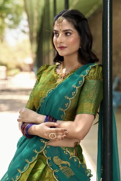 New Launching Parrot Green Kanjivaram Silk Saree Lehenga Choli with Zari Weaving   Embroidered Dupatta  Half Saree Lehenga