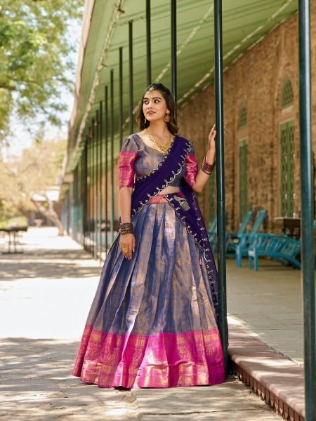 Superb Dusty Blue Kanjivaram Silk Saree Lehenga Choli with Zari Weaving   Embroidered Dupatta  Half Saree Lehenga