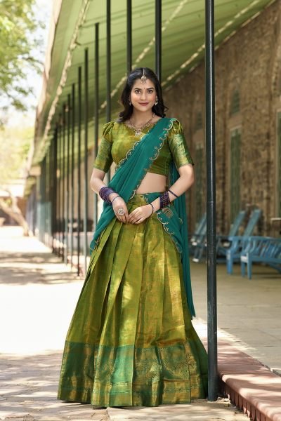 New Launching Parrot Green Kanjivaram Silk Saree Lehenga Choli with Zari Weaving   Embroidered Dupatta  Half Saree Lehenga
