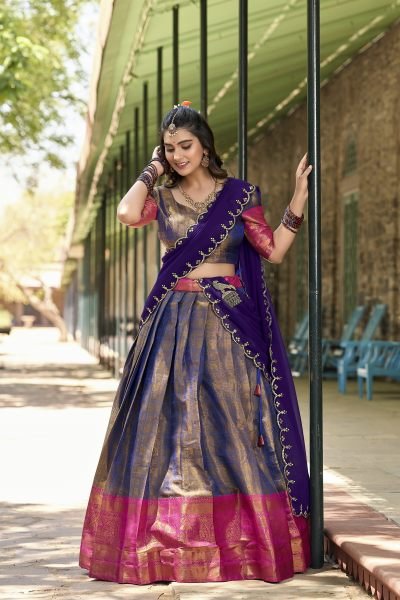 Superb Dusty Blue Kanjivaram Silk Saree Lehenga Choli with Zari Weaving   Embroidered Dupatta  Half Saree Lehenga