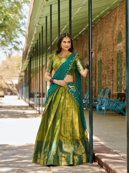 New Launching Parrot Green Kanjivaram Silk Saree Lehenga Choli with Zari Weaving   Embroidered Dupatta  Half Saree Lehenga