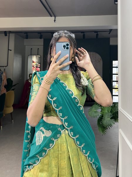New Launching Parrot Green Kanjivaram Silk Saree Lehenga Choli with Zari Weaving   Embroidered Dupatta  Half Saree Lehenga