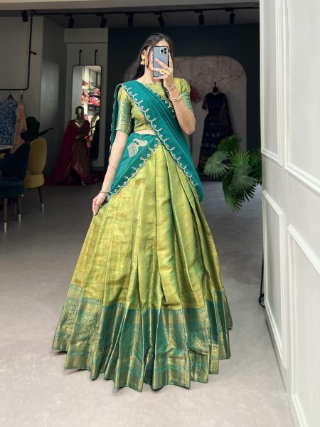 New Launching Parrot Green Kanjivaram Silk Saree Lehenga Choli with Zari Weaving   Embroidered Dupatta  Half Saree Lehenga