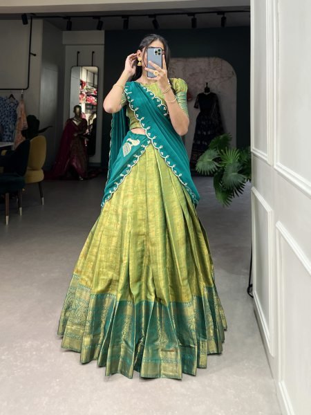 New Launching Parrot Green Kanjivaram Silk Saree Lehenga Choli with Zari Weaving   Embroidered Dupatta  Half Saree Lehenga