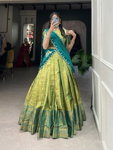 New Launching Parrot Green Kanjivaram Silk Saree Lehenga Choli with Zari Weaving   Embroidered Dupatta  Half Saree Lehenga