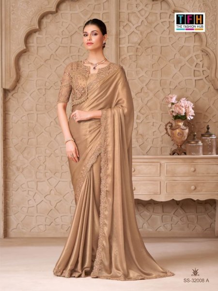 Supreme Beige Satin Georgette Saree with Designer Embroidered Blouse 