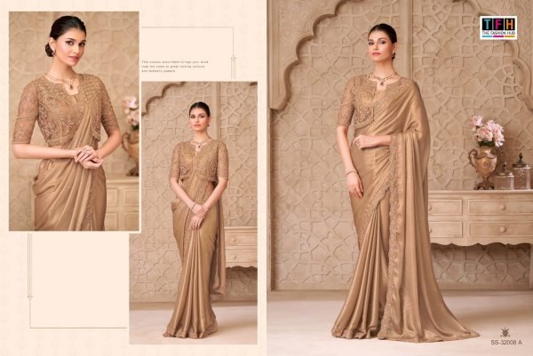 Supreme Beige Satin Georgette Saree with Designer Embroidered Blouse Designer Wedding Sarees Wholesale