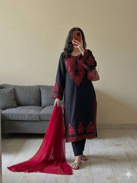 Supreme Black And Red Party Wear Roman Silk Top Pant Set with Embroidered Work and Dupatta 