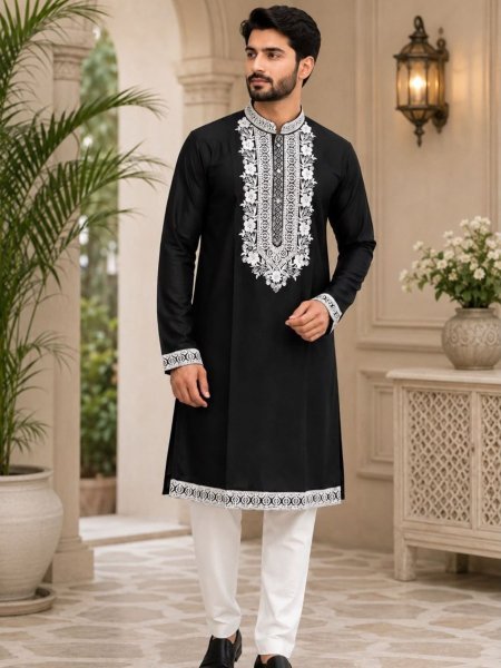 Supreme Black Boutique Men's Kurta Pajama with Embroidered Neck For Wedding 