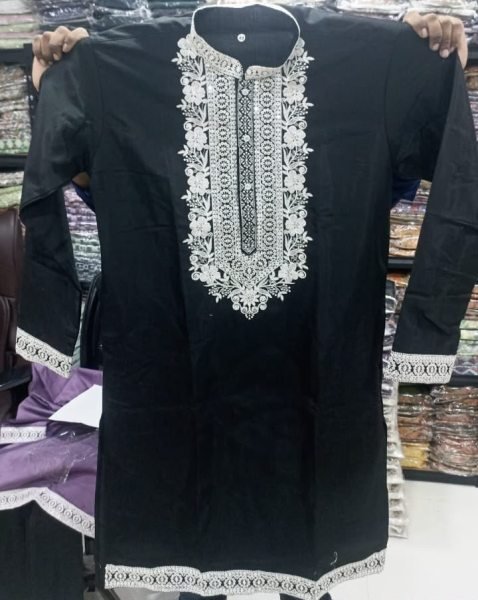 Supreme Black Boutique Men's Kurta Pajama with Embroidered Neck For Wedding Kurta Pajama Wholesale