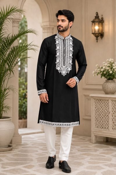 Supreme Black Boutique Men's Kurta Pajama with Embroidered Neck For Wedding Kurta Pajama Wholesale