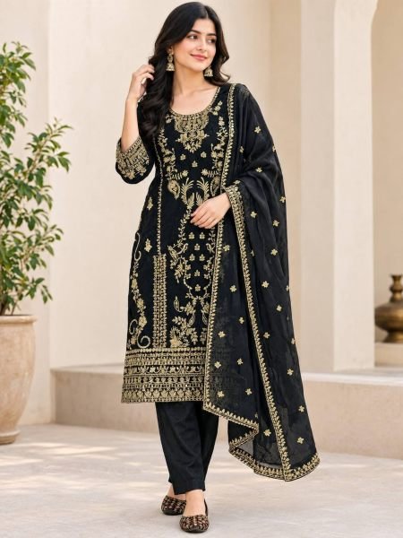 Supreme Black Designer Korean Satin Silk Top Pant Dupatta Set with Sequin Work 