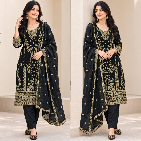 Supreme Black Designer Korean Satin Silk Top Pant Dupatta Set with Sequin Work Ready To Wear Collection