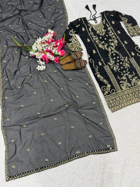 Supreme Black Designer Korean Satin Silk Top Pant Dupatta Set with Sequin Work Ready To Wear Collection