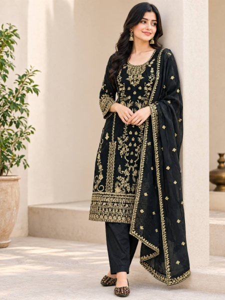 Supreme Black Designer Korean Satin Silk Top Pant Dupatta Set with Sequin Work Ready To Wear Collection