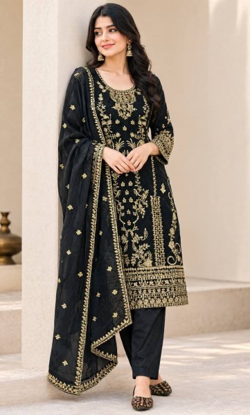 Supreme Black Designer Korean Satin Silk Top Pant Dupatta Set with Sequin Work Ready To Wear Collection