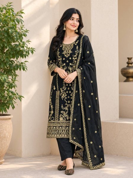 Supreme Black Designer Korean Satin Silk Top Pant Dupatta Set with Sequin Work Ready To Wear Collection