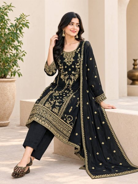 Supreme Black Designer Korean Satin Silk Top Pant Dupatta Set with Sequin Work Ready To Wear Collection