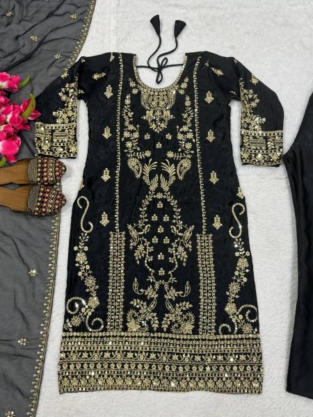 Supreme Black Designer Korean Satin Silk Top Pant Dupatta Set with Sequin Work Ready To Wear Collection