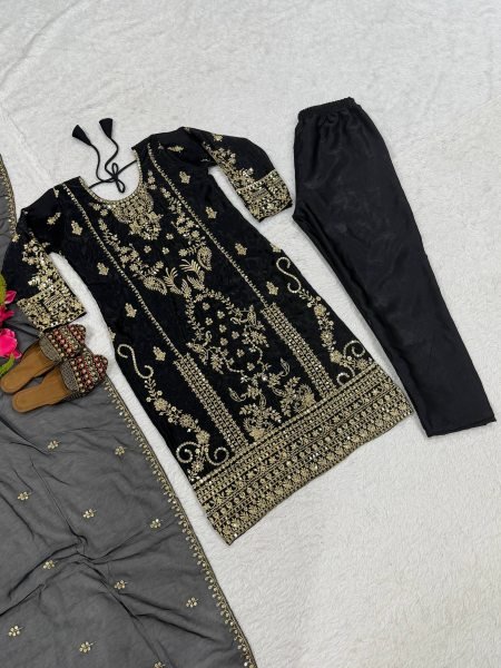 Supreme Black Designer Korean Satin Silk Top Pant Dupatta Set with Sequin Work Ready To Wear Collection