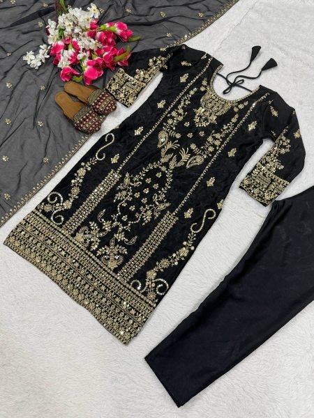Supreme Black Designer Korean Satin Silk Top Pant Dupatta Set with Sequin Work Ready To Wear Collection