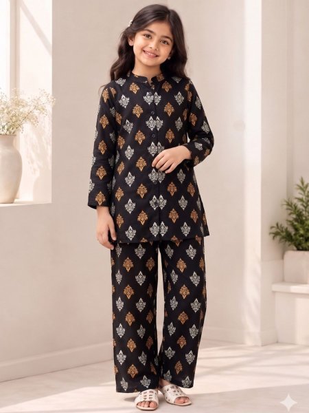 Supreme Black Designer Printed Cotton Outfit for Kids at Manufacturer Rate Kurtis