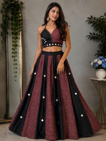 Supreme Black Maroon Designer Ajrakh Slub Cotton Lehenga with Canvas Stitching