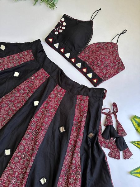 Supreme Black Maroon Designer Ajrakh Slub Cotton Lehenga with Canvas Stitching Navratri Lehnega Choli